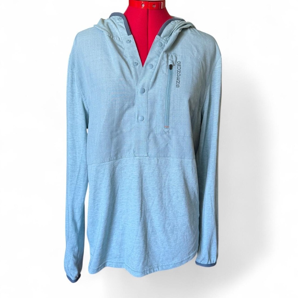 Grundens Mens Shorebreak Fishing Hoodie Blue Snap Placket Sun Shirt Medium